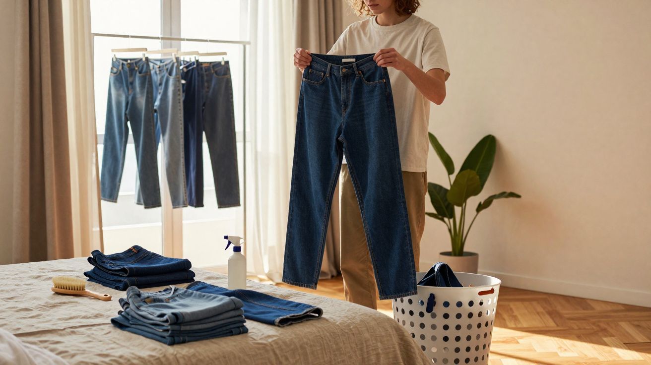 Pessoa segurando calça jeans azul em quarto com várias calças dobradas e penduradas para secar.