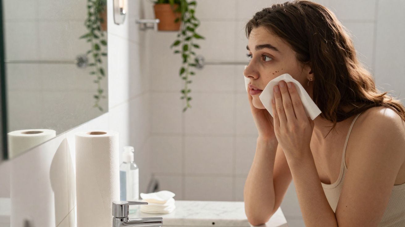 Mulher usando toalha facial no rosto em frente ao espelho no banheiro com planta pendurada.