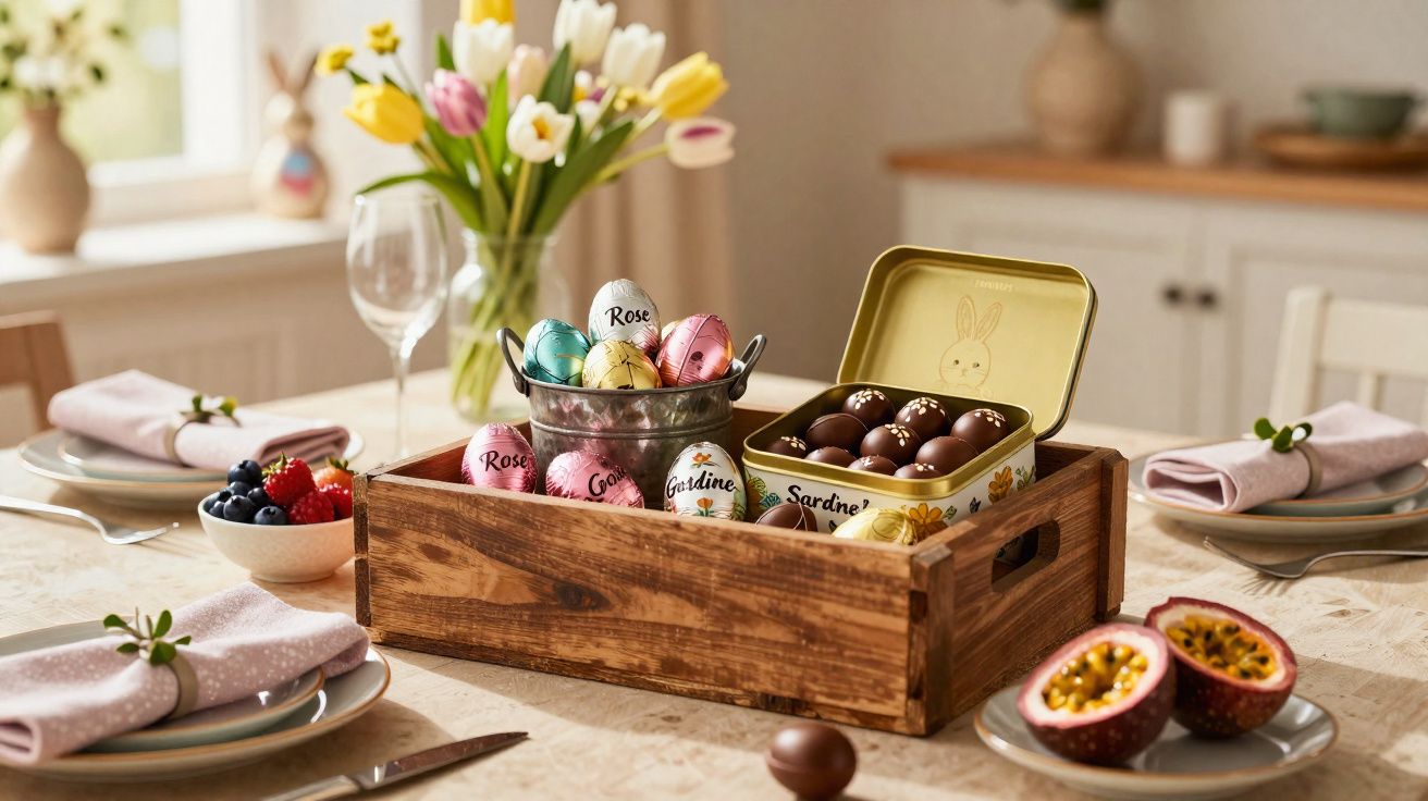 Mesa posta com ovos de chocolate coloridos, caixa de madeira, frutas, talheres e flores para Páscoa.