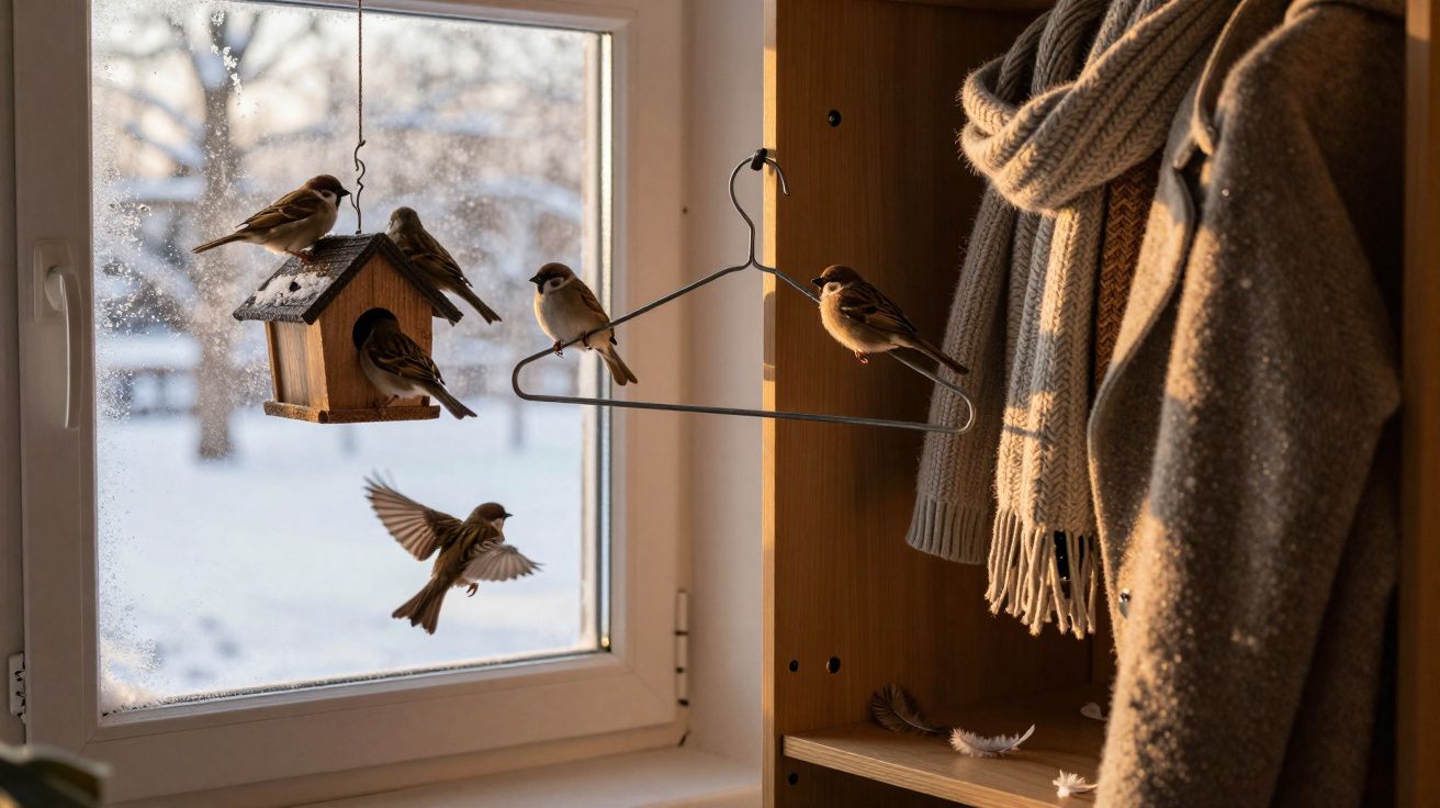 Pássaros se alimentando em casinha suspensa próxima a janela com casacos pendurados em armário.