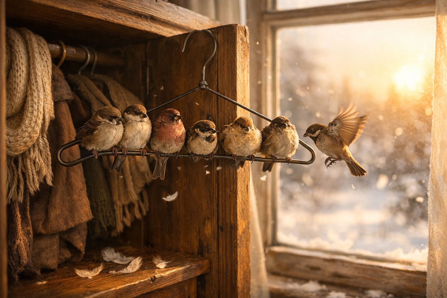 Pássaros pousados em cabide de metal dentro de armário de madeira perto de janela com luz do sol.
