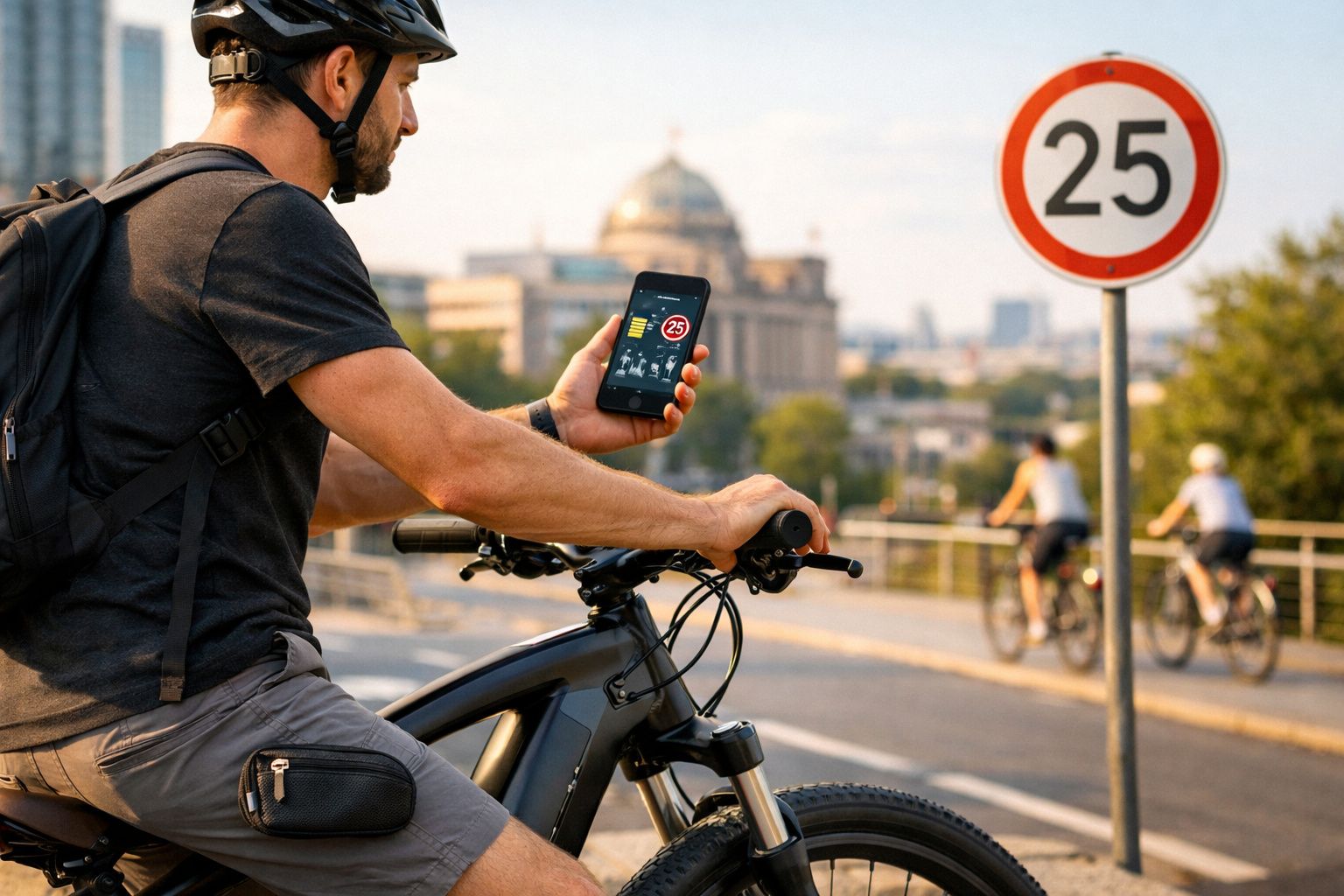 Homem de bicicleta segura celular com indicador de velocidade, próximo a placa de limite 25 em ciclovia urbana.