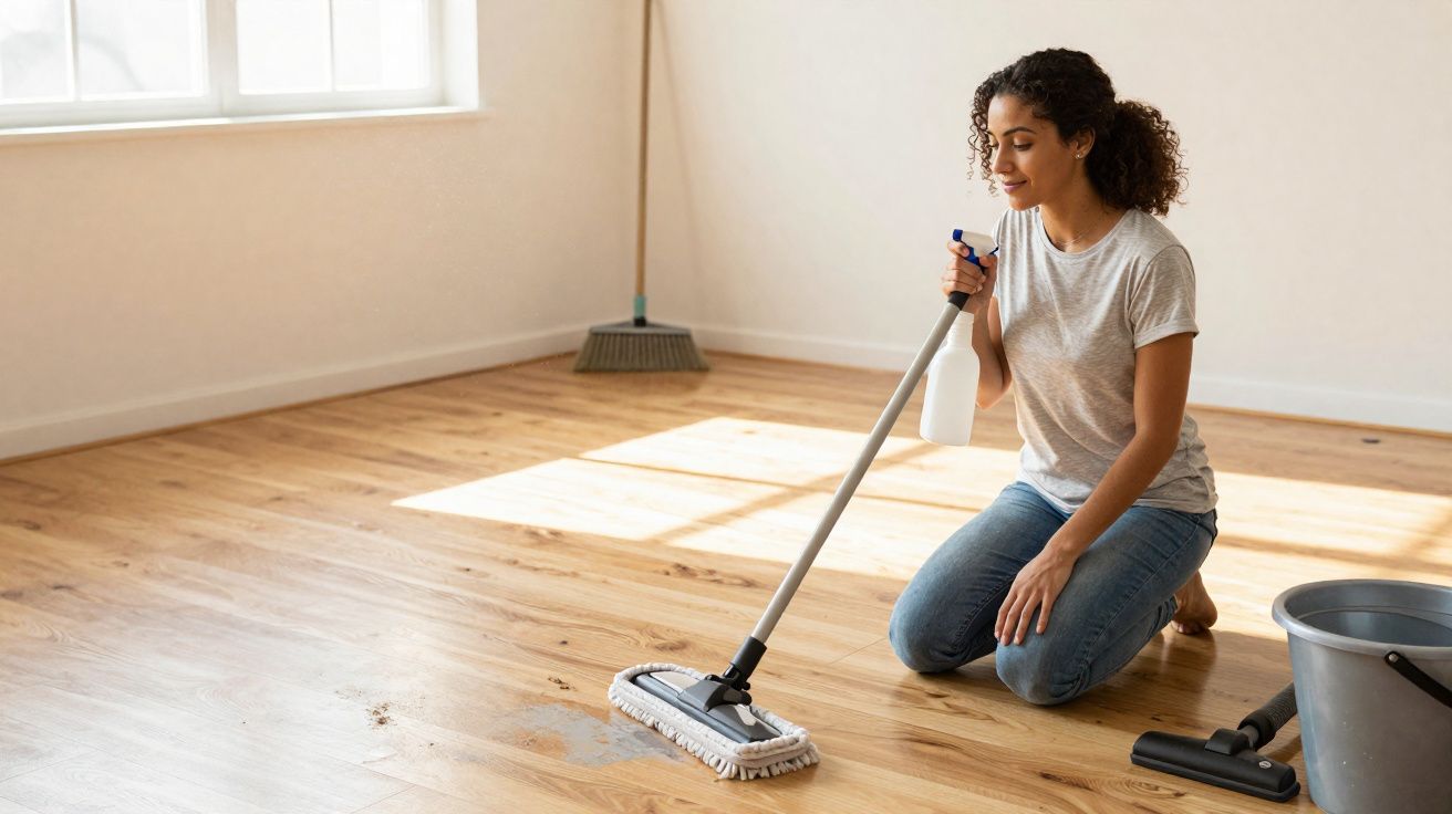 Mulher limpando chão de madeira com rodo e borrifador, vestindo camiseta cinza e jeans, em ambiente iluminado.