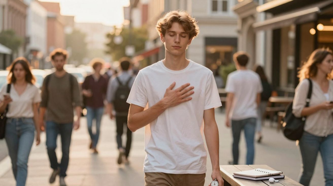 Jovem de camiseta branca com os olhos fechados e a mão no peito, caminhando em rua movimentada.