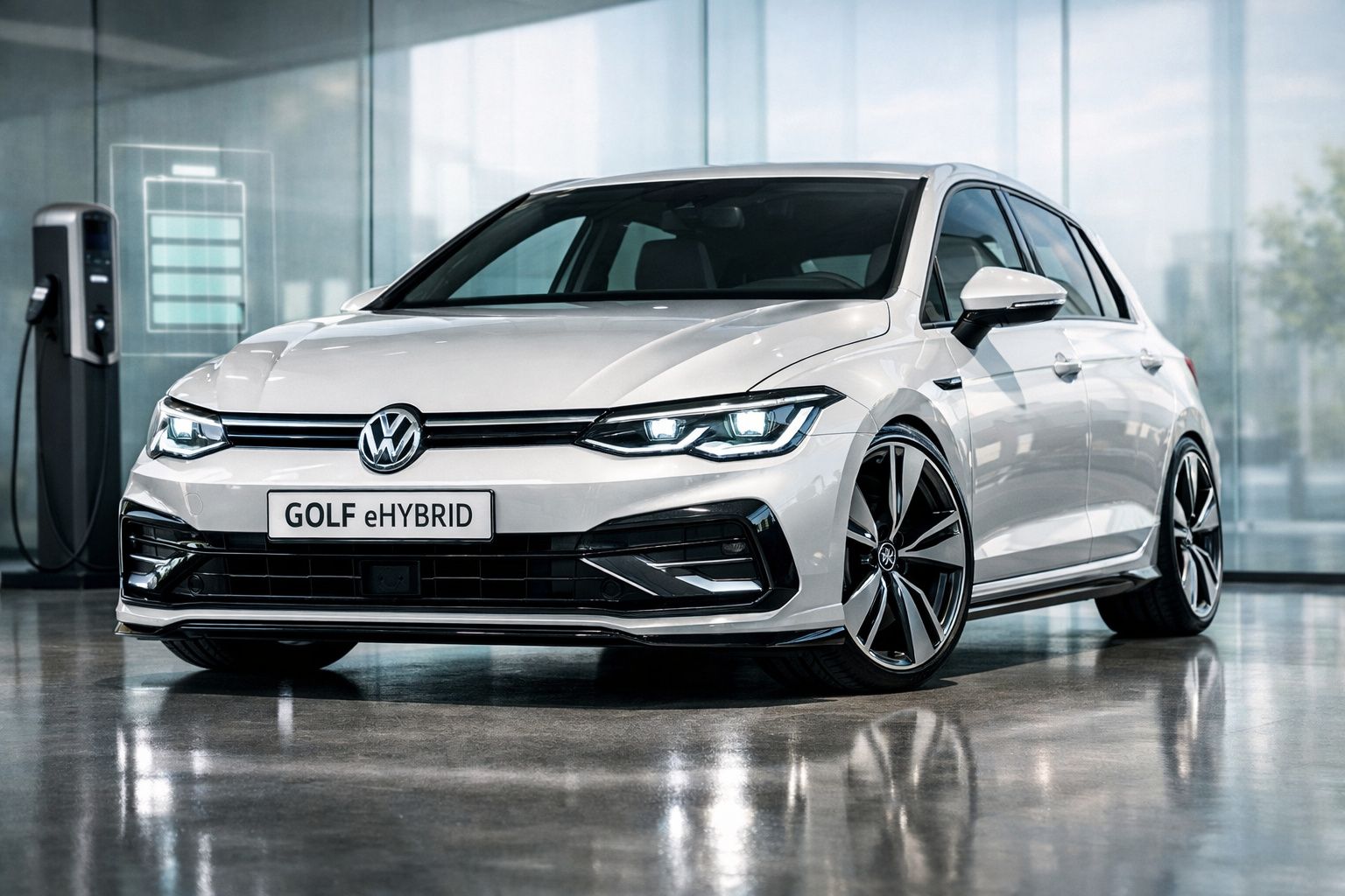 Carro branco Volkswagen Golf eHybrid estacionado dentro de showroom com carregador elétrico ao fundo.