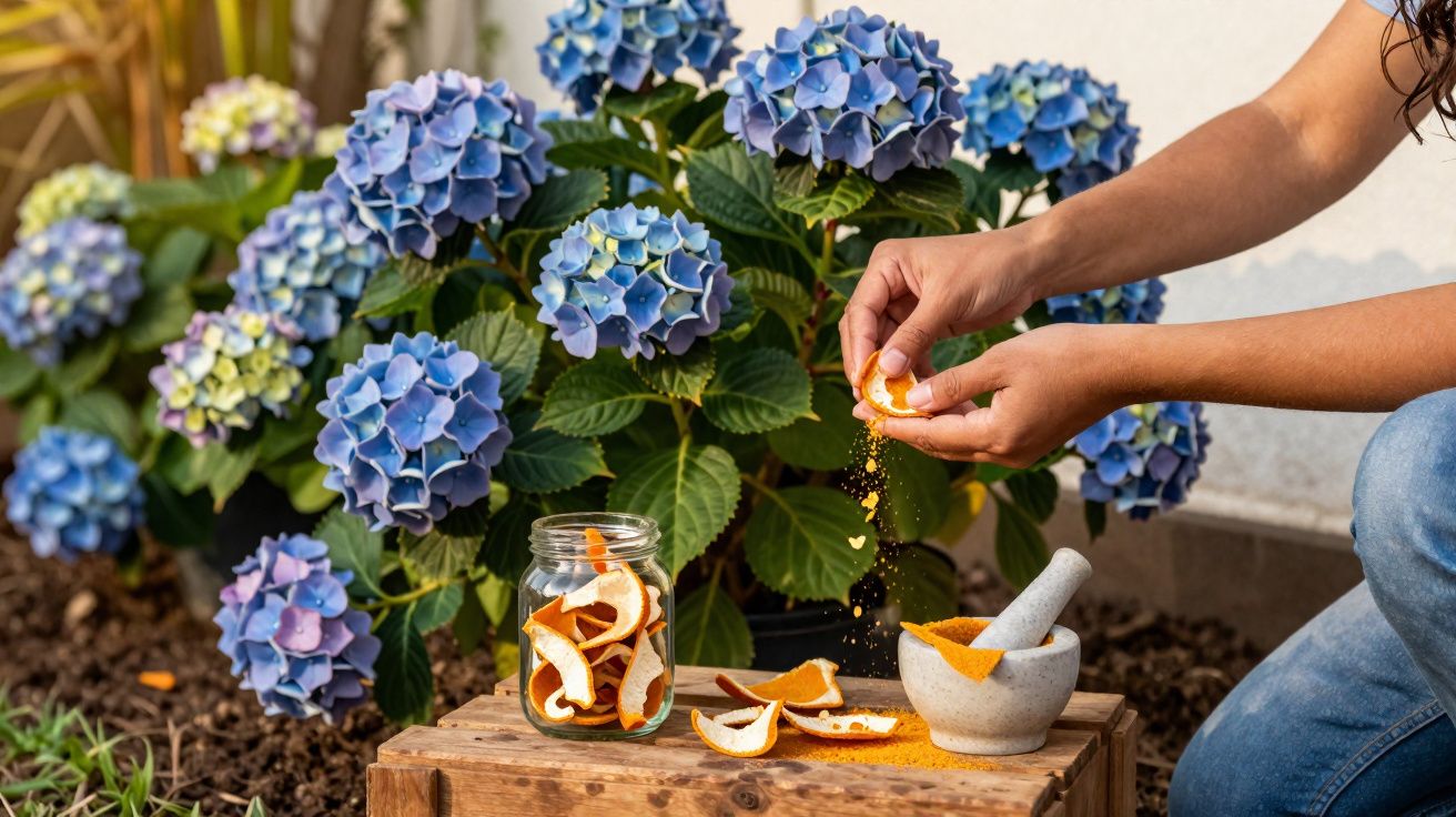 Pessoa espremendo casca de laranja ao lado de jarra e pilão, com flores azuis ao fundo.