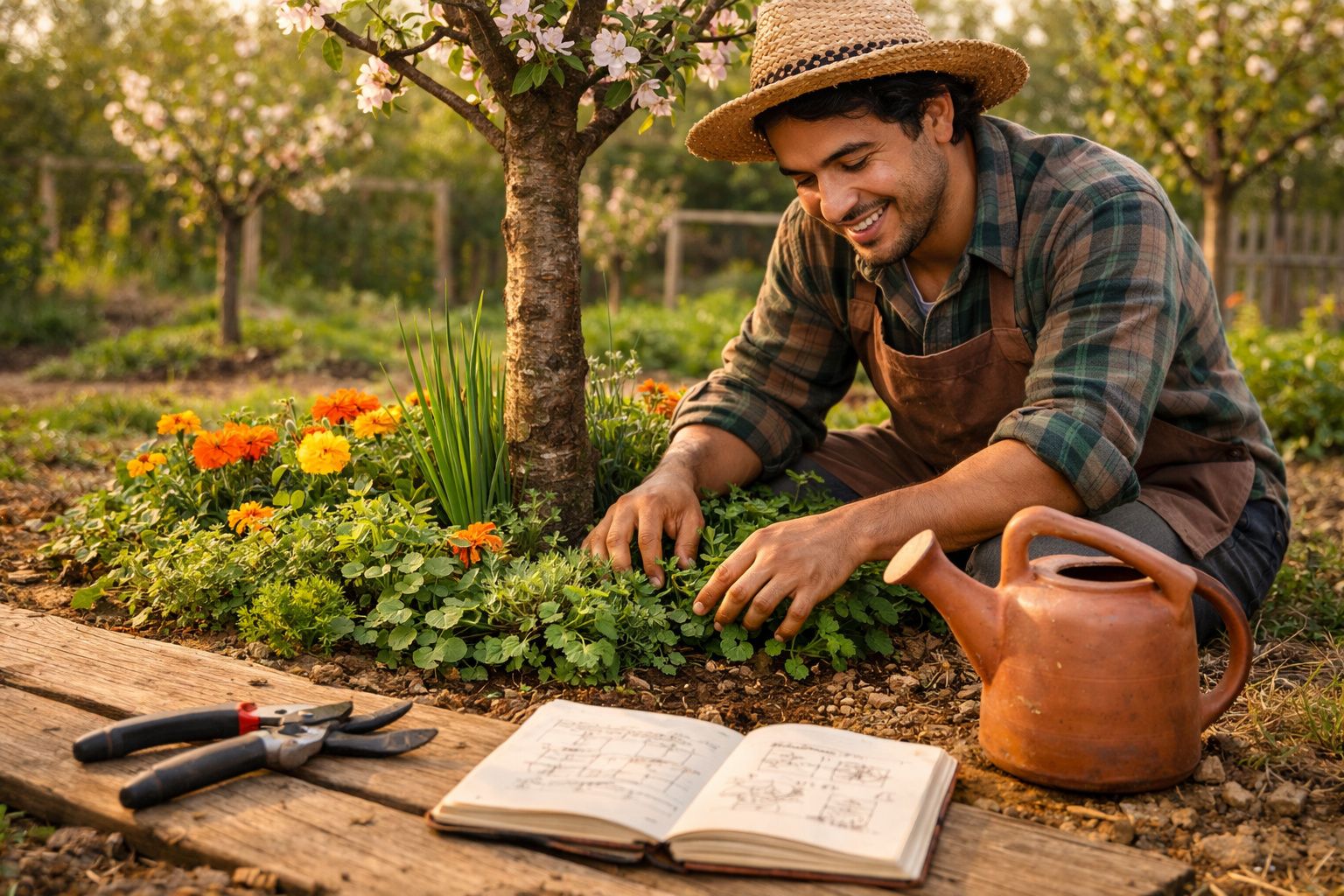 Homem sorridente cuidando de plantas em jardim com flores ao redor e regador ao lado.