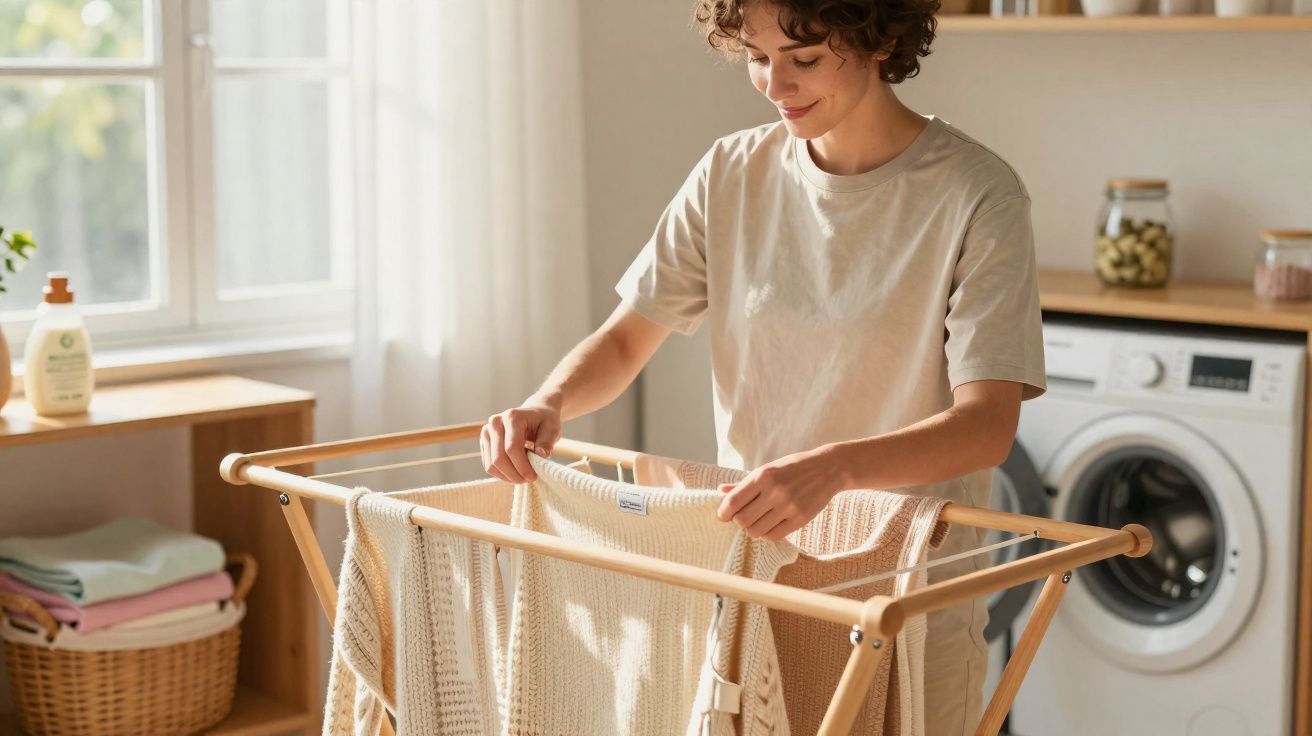 Pessoa branca e sorridente pendurando roupas claras em varal de madeira em lavanderia iluminada.