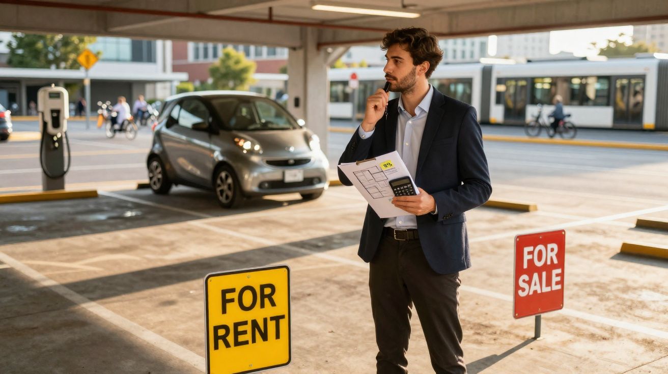 Homem de terno avaliando carro cinza compacto em estacionamento com placas de venda e aluguel.