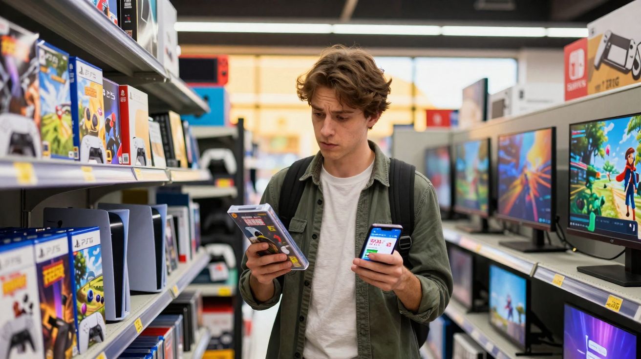 Jovem segurando jogo de vídeo game e celular em loja com prateleiras e TVs exibindo jogos.