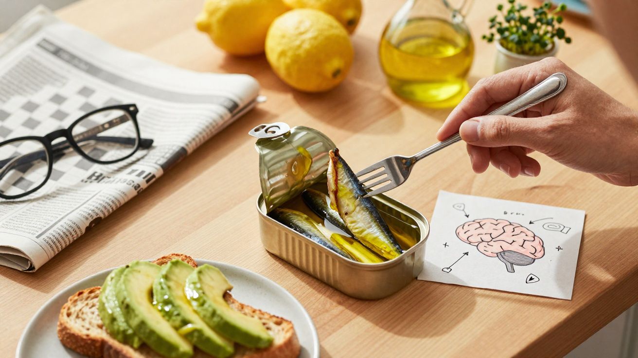 Mão segurando garfo com sardinha enlatada, pão com abacate, jornal, limões e azeite sobre mesa de madeira.