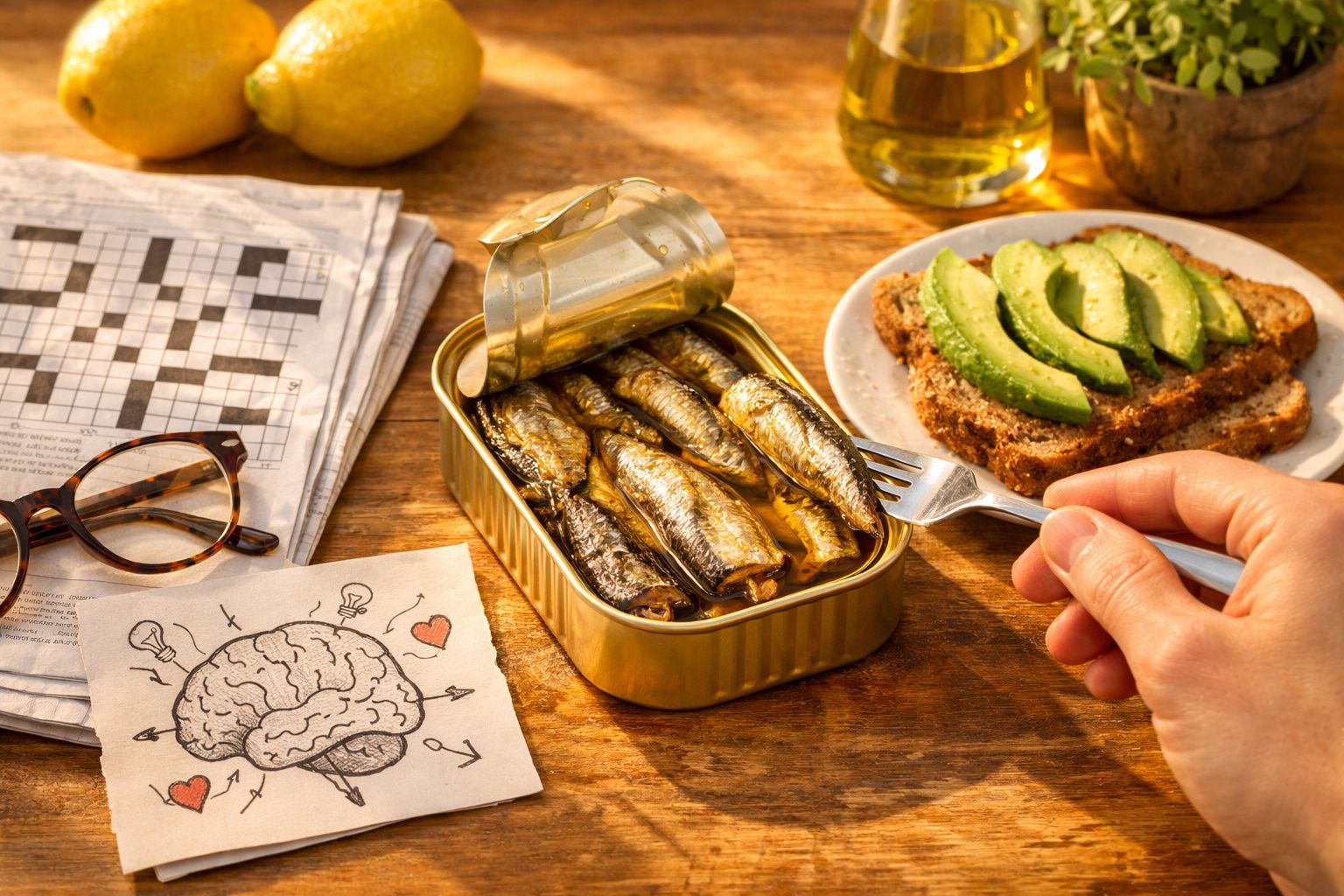Pessoa segurando garfo perto de sardinhas em lata, torrada com abacate, óculos, desenho de cérebro e palavras cruzadas.