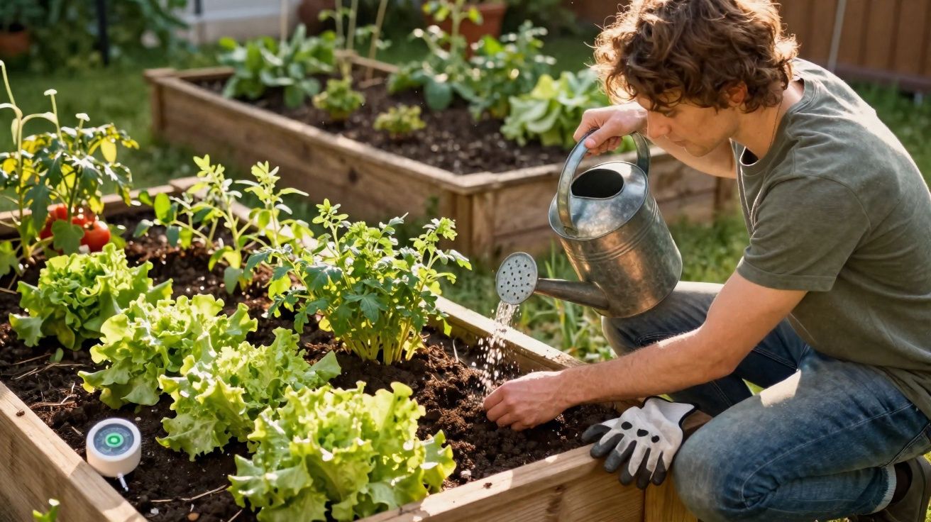 Homem regando plantas em canteiro elevado de jardim em área externa ensolarada.