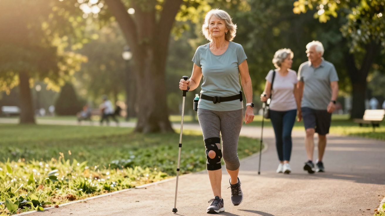 Mulher idosa caminhando com bengala em parque, casal ao fundo também caminhando.