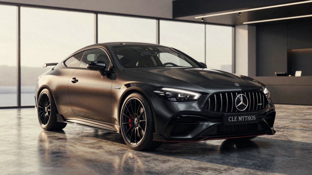 Carro esportivo preto Mercedes-Benz estacionado em ambiente interno com piso refletivo e grandes janelas.