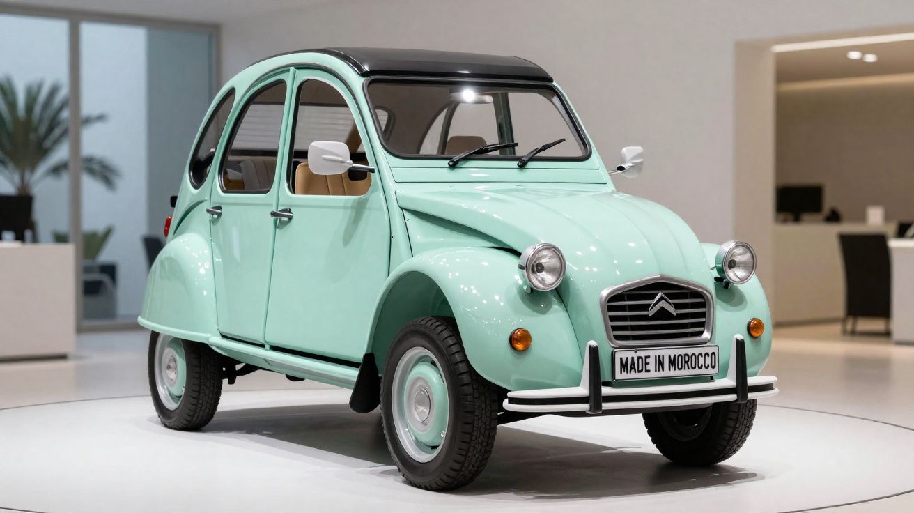 Carro Citroën 2CV verde claro com teto preto exibido em ambiente interno moderno.