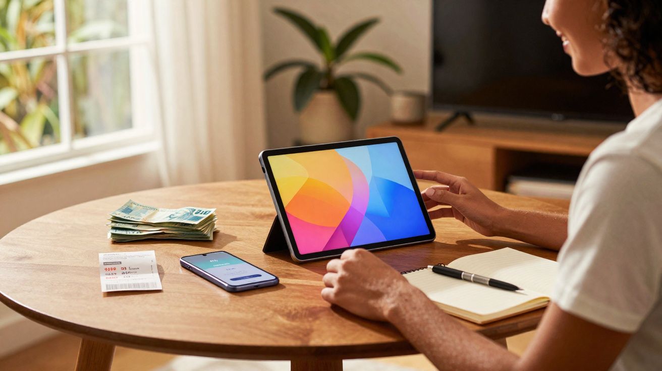 Pessoa usando tablet em mesa com caderno, celular, dinheiro e recibo, em ambiente iluminado por janela.