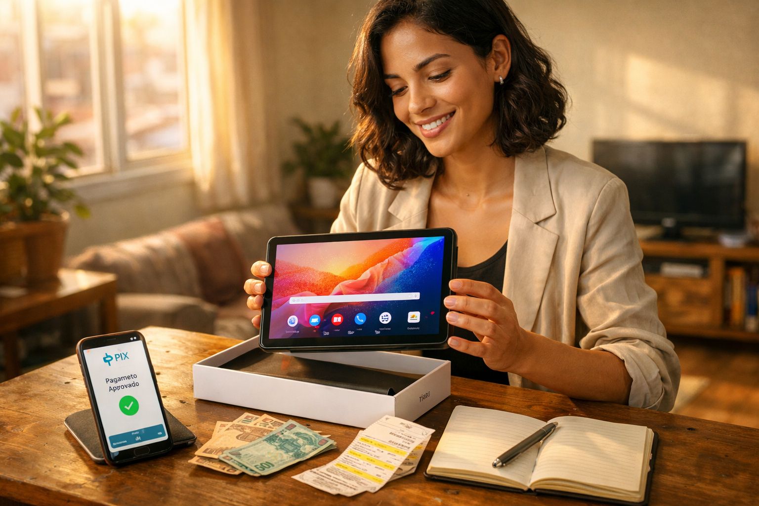 Mulher sorrindo mostra tablet novo, com celular ao lado exibindo pagamento PIX aprovado.