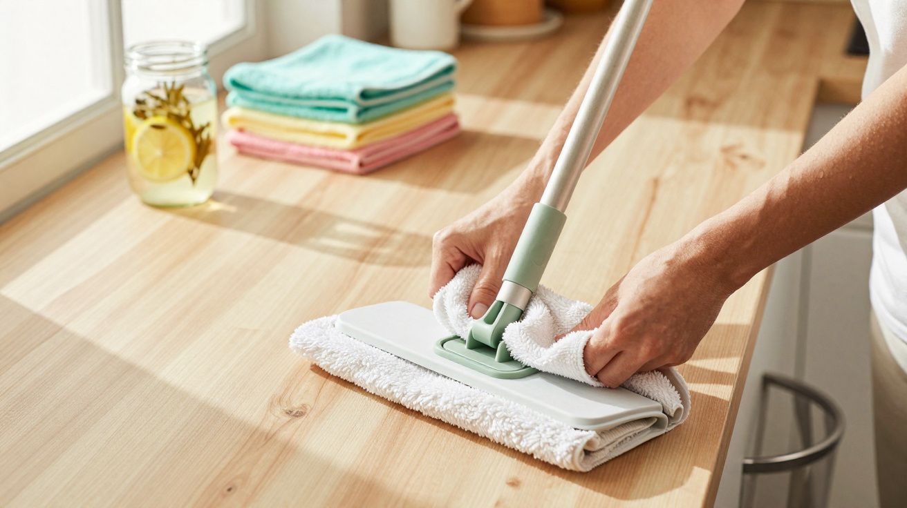 Pessoa limpando bancada de madeira clara com esfregão e pano branco dobrado ao lado de toalhas coloridas.