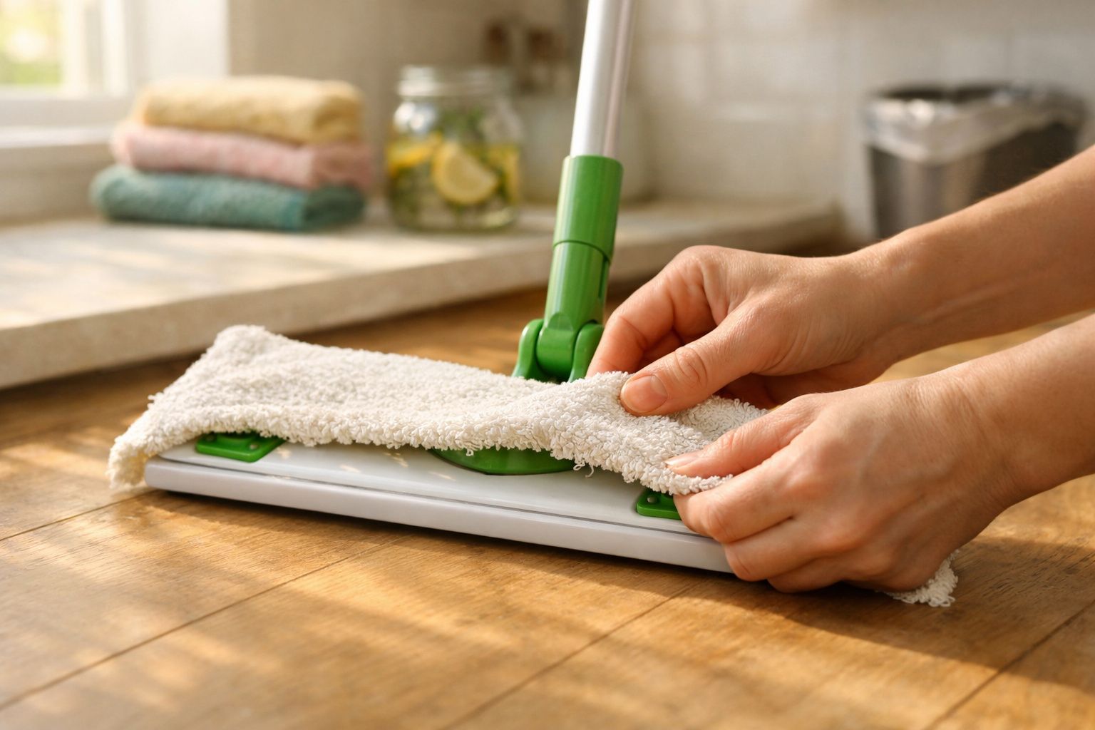 Mãos femininas encaixando pano branco em esfregão verde sobre piso de madeira em ambiente doméstico.