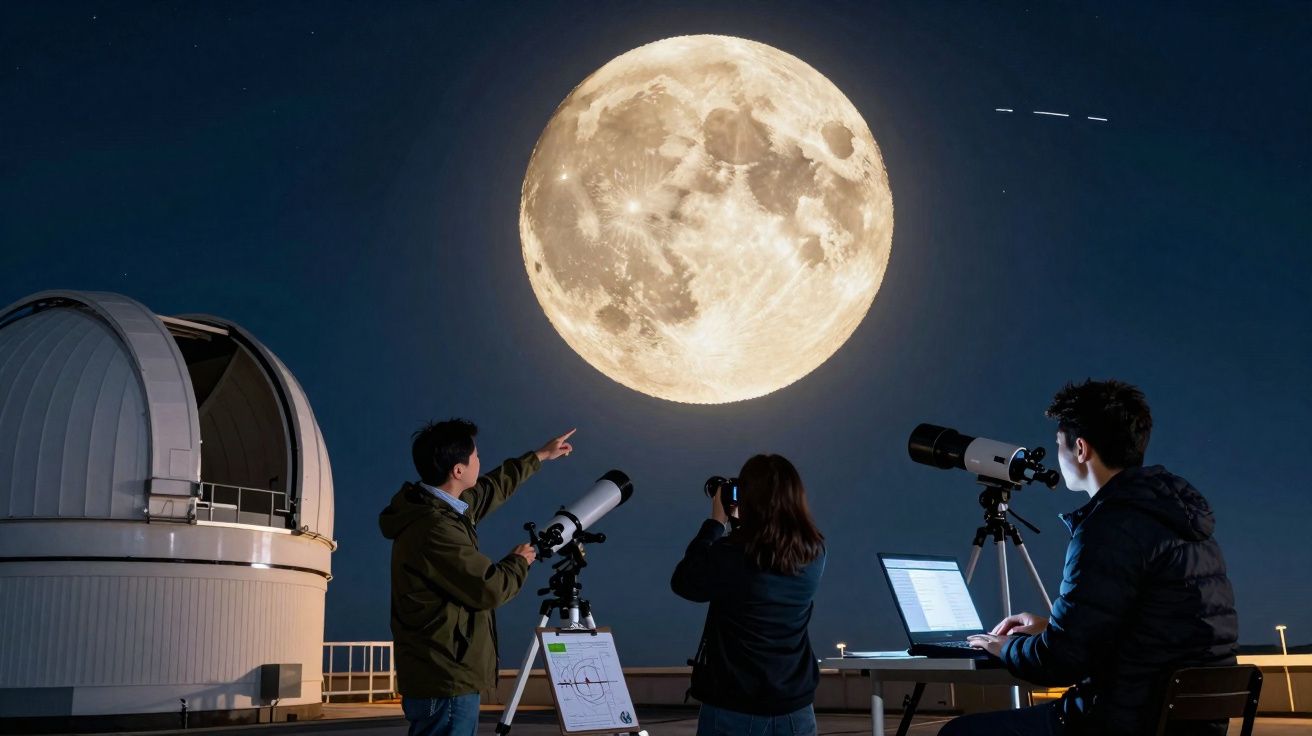 Três pessoas observam a grande Lua cheia no céu noturno com telescópios e laptop próximo a um observatório.