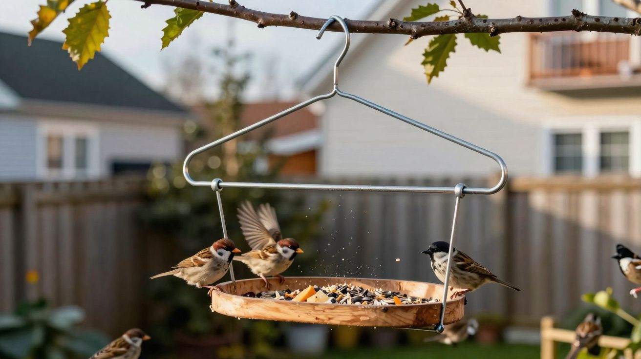 Pássaros alimentando-se em um comedouro suspenso pendurado em galho de árvore em jardim residencial.
