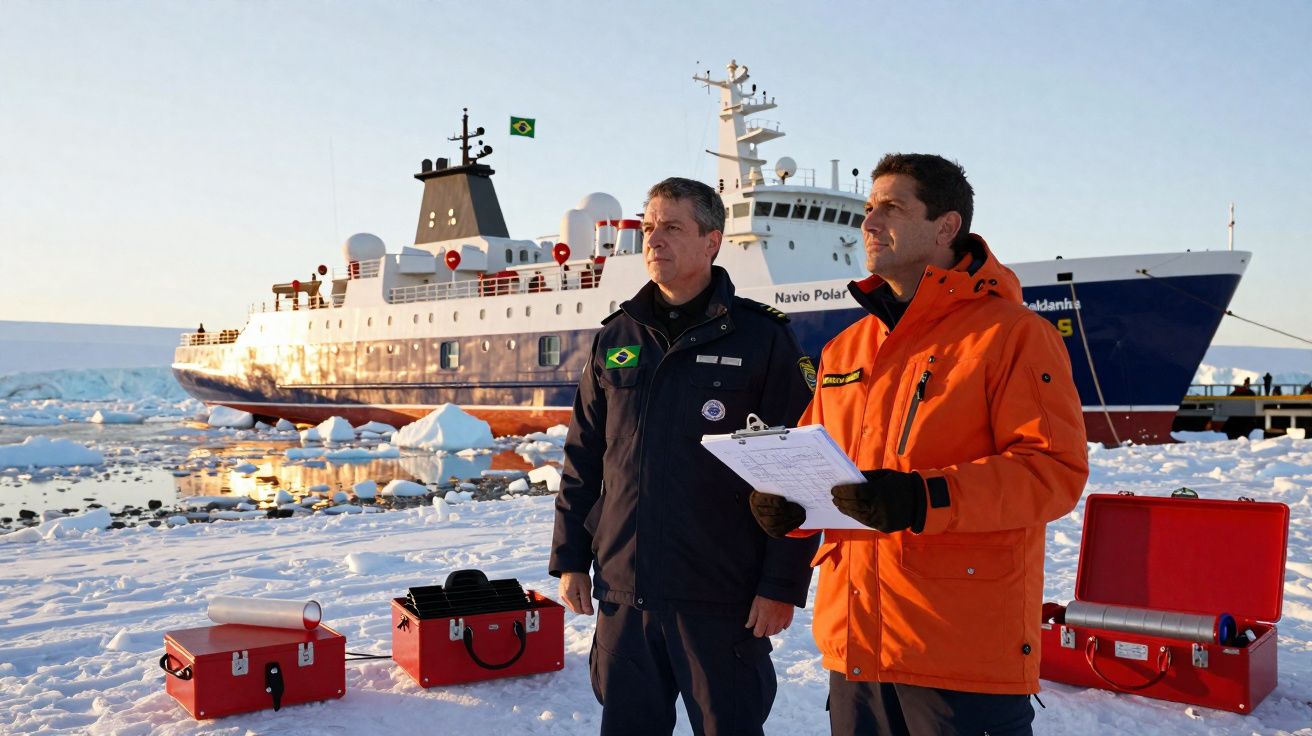 Dois homens em roupas de frio com navio polar ao fundo e equipamentos sobre a neve no Ártico.