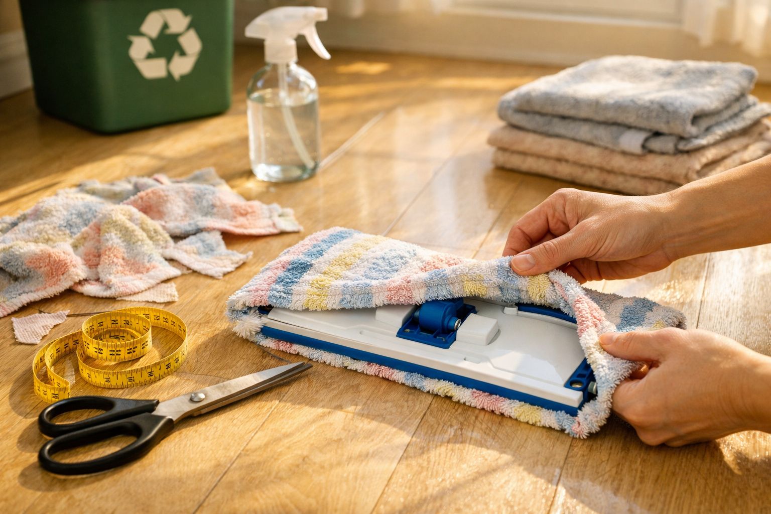 Mãos vestindo um pano colorido em um esfregão, com tesoura, fita métrica e frasco borrifador ao fundo.