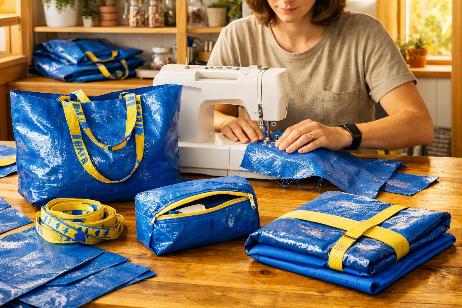Pessoa costurando tecido azul ao lado de bolsa, estojo e outros itens feitos com tecido similar sobre mesa de madeira.