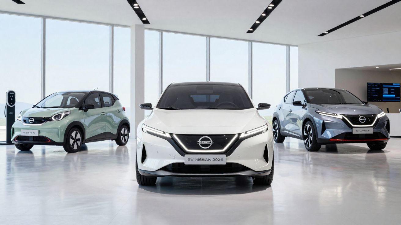 Três carros elétricos Nissan expostos em showroom moderno com janelas grandes e chão brilhante.