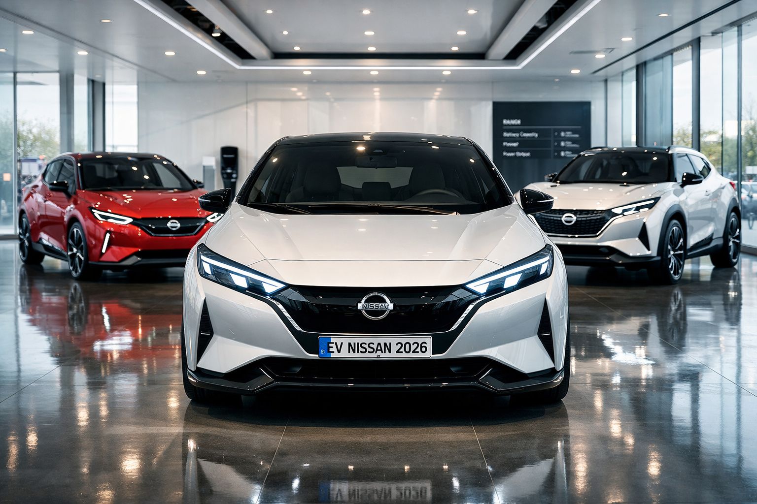 Três carros elétricos Nissan 2026 em showroom moderno com piso brilhante e iluminação branca.