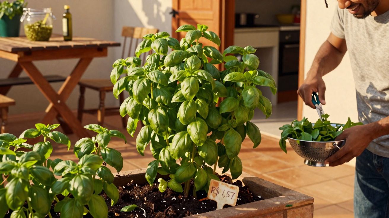 Homem colhendo folhas de manjericão em vaso na varanda ensolarada de casa.