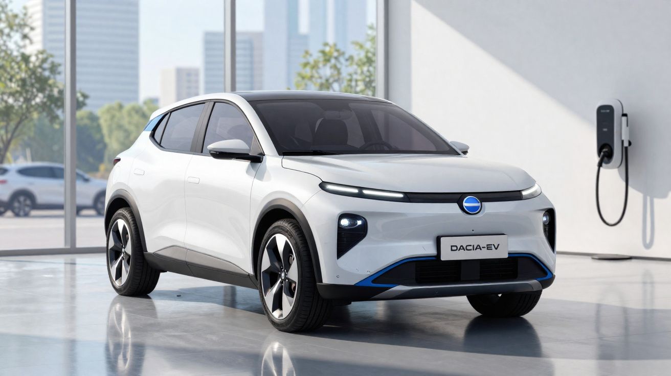 Carro elétrico branco Dacia EV estacionado em ambiente moderno com carregador na parede ao fundo.