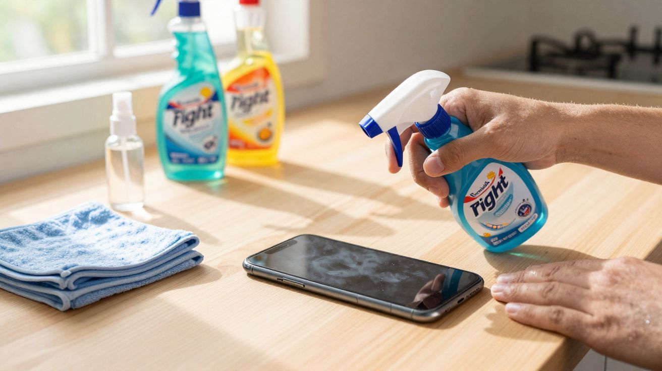 Pessoa borrifando produto de limpeza azul em celular sobre mesa de madeira com panos ao lado.