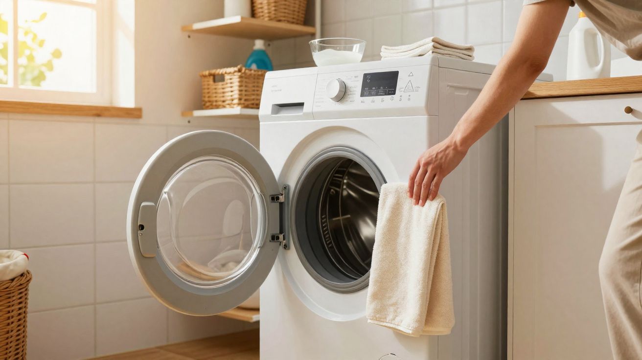Máquina de lavar branca com porta aberta em lavanderia iluminada, pessoa segura toalha bege.