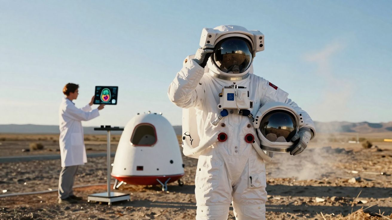 Astronauta em traje espacial na paisagem desértica com cápsula e cientista ao fundo segurando tablet.