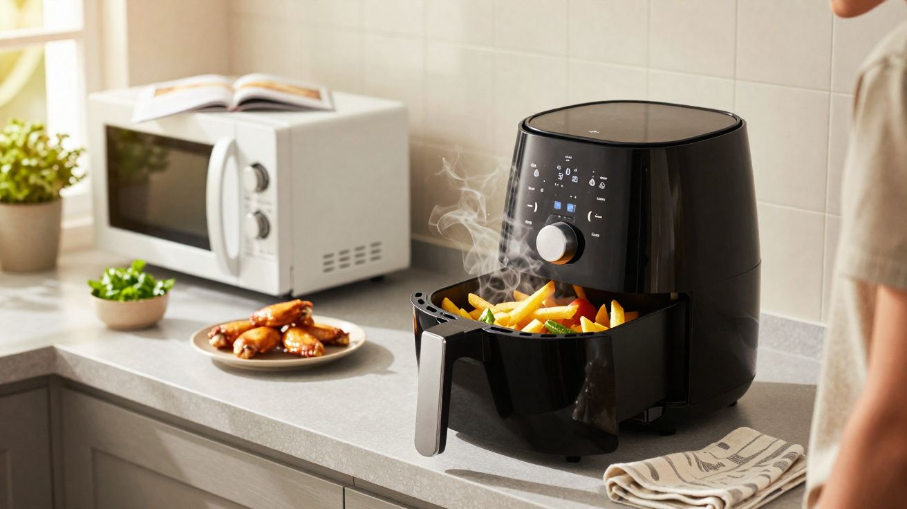 Air fryer preta na bancada da cozinha com batatas fritas e legumes quentes, ao lado de micro-ondas e prato com frango.