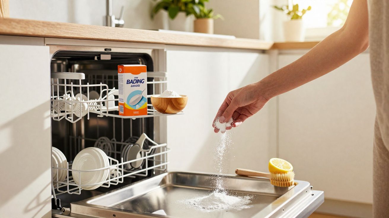Mão espalhando bicarbonato para limpar a porta aberta de uma lava-louças em cozinha iluminada.