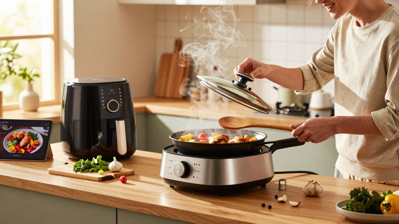 Pessoa cozinhando com frigideira elétrica na cozinha moderna, com legumes e dispositivo digital ao lado.