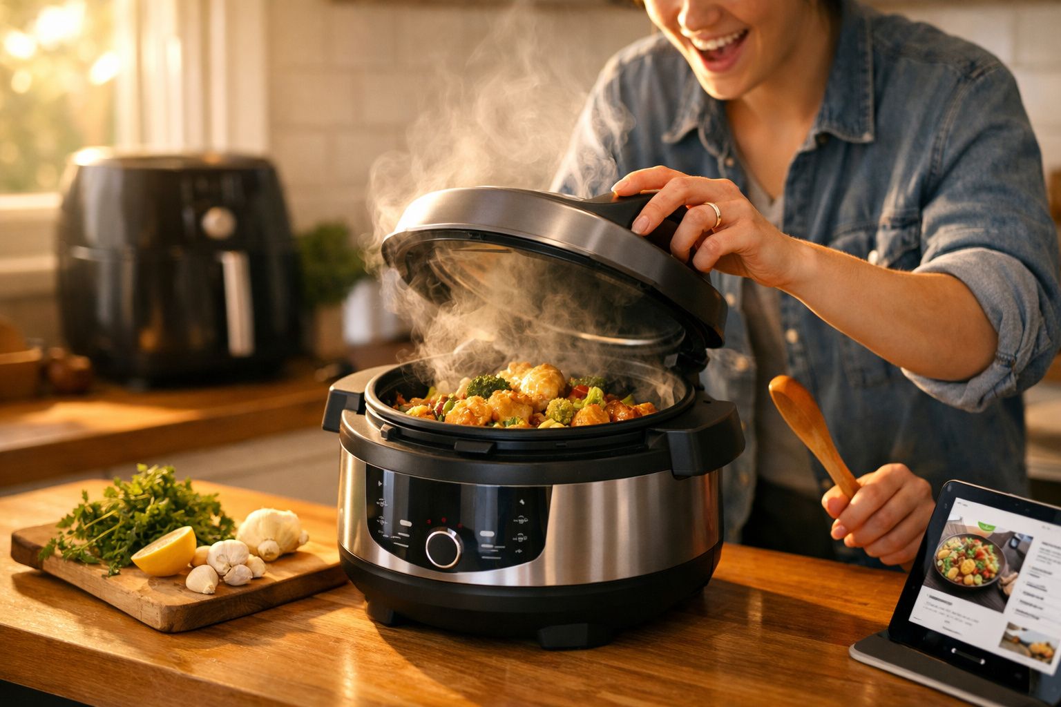 Pessoa abrindo panela elétrica com vapor saindo e legumes cozinhando, ao lado de ingredientes frescos na cozinha.