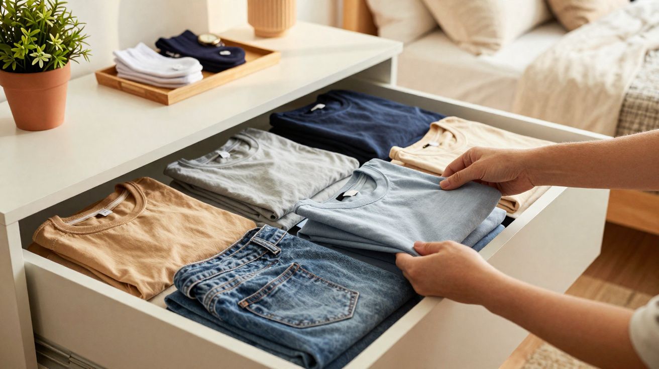 Pessoa organizando camisetas dobradas em gaveta branca com calças jeans e plantas ao lado.