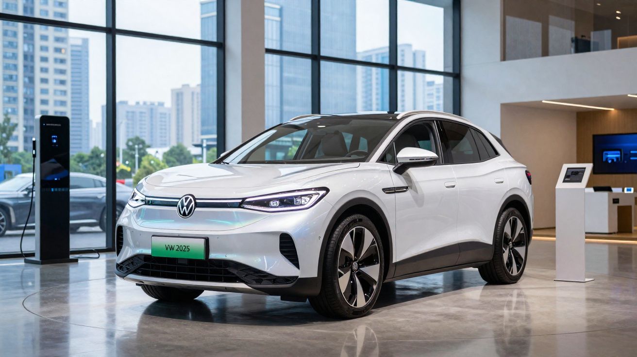 Carro elétrico branco Volkswagen em exposição dentro de showroom moderno com janelas grandes.