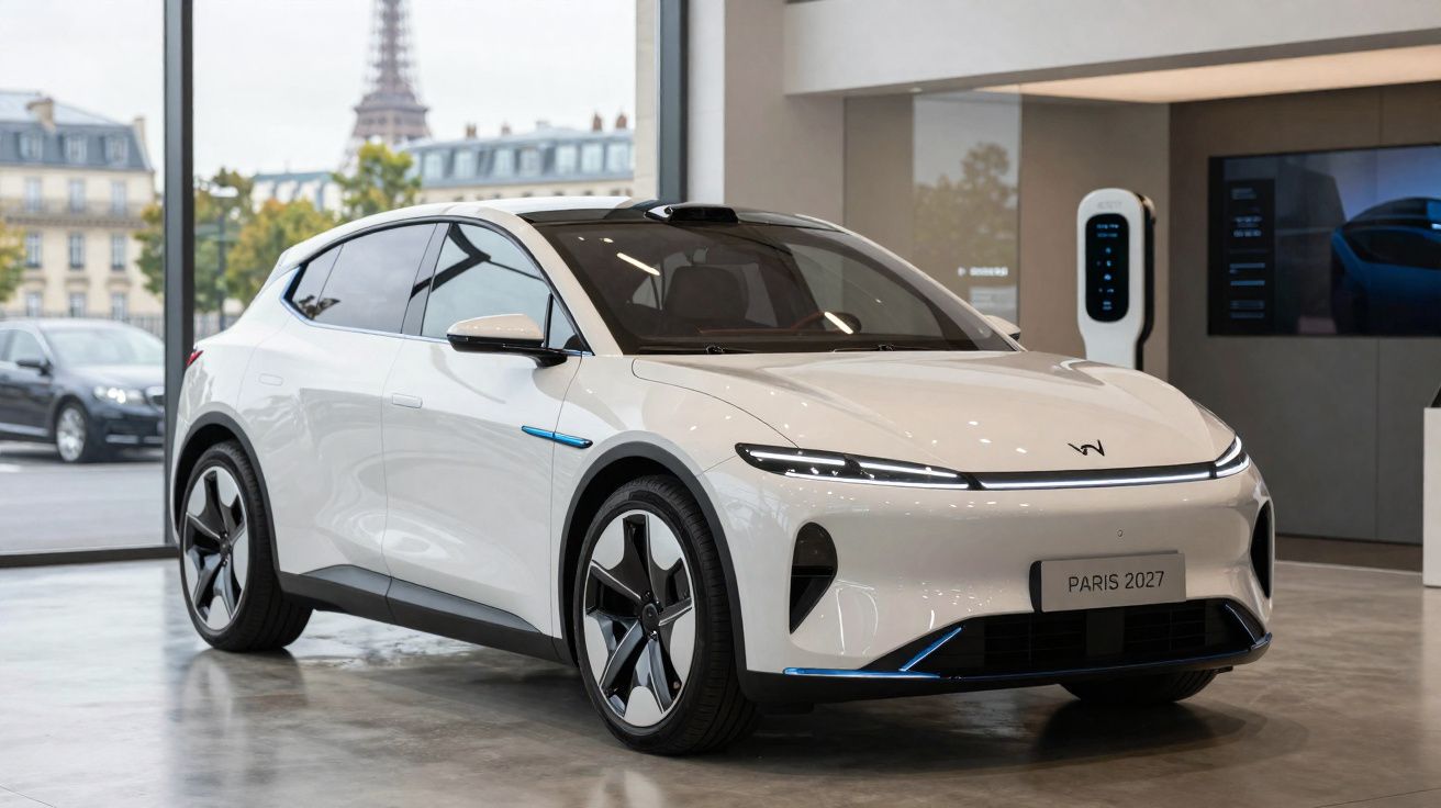 Carro elétrico branco exposto em showroom com a Torre Eiffel ao fundo, modelo Paris 2027.