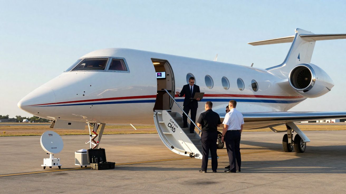 Avião executivo branco estacionado em pista com três homens próximos e um homem saindo pela porta.