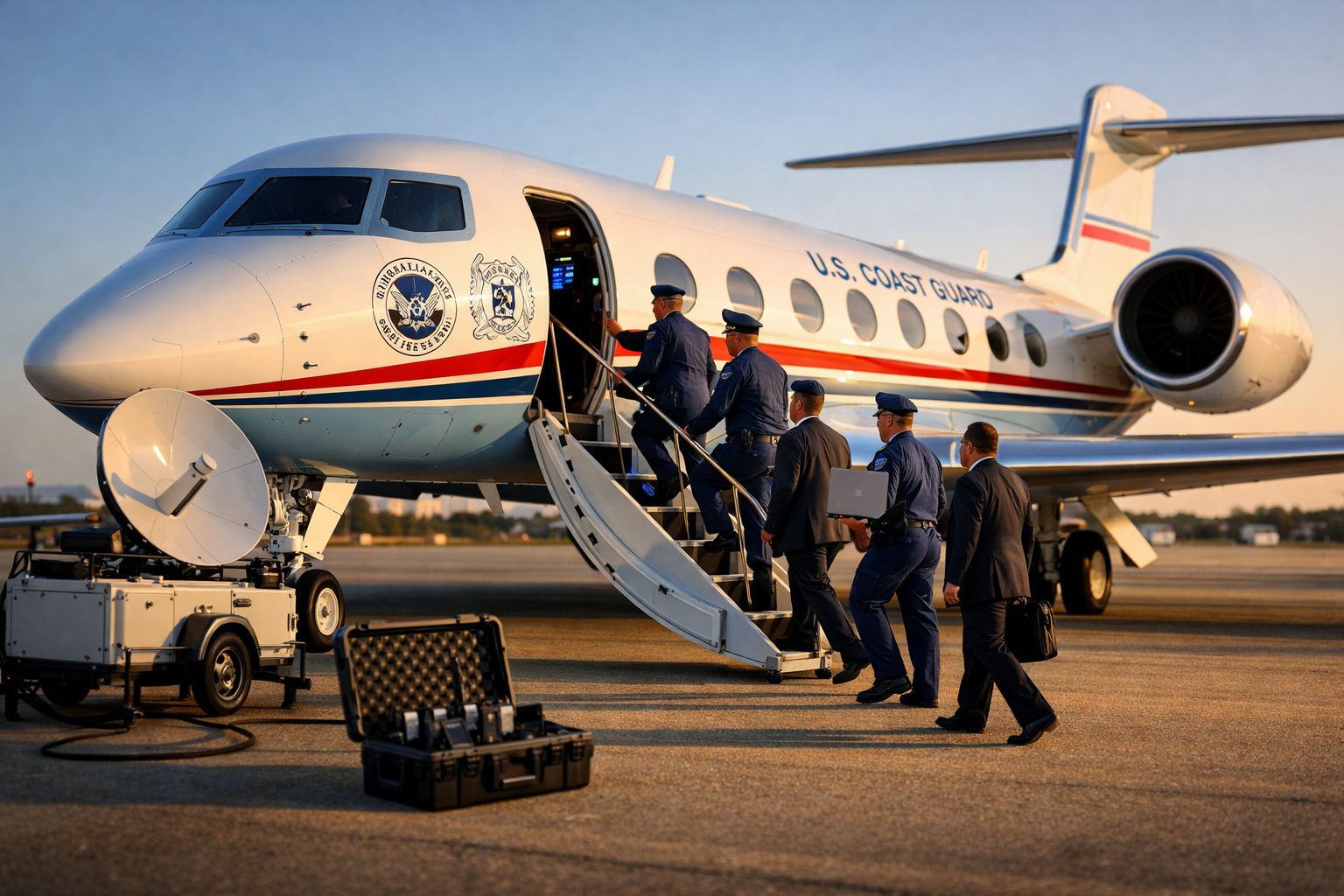 Agentes da guarda costeira dos EUA embarcando em jato executivo branco na pista ao entardecer.