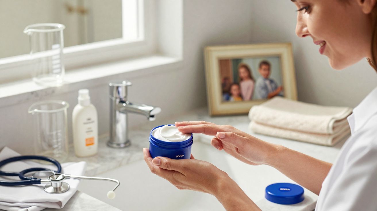 Mulher aplicando creme hidratante Nivea em banheiro com estetoscópio e frascos ao fundo.