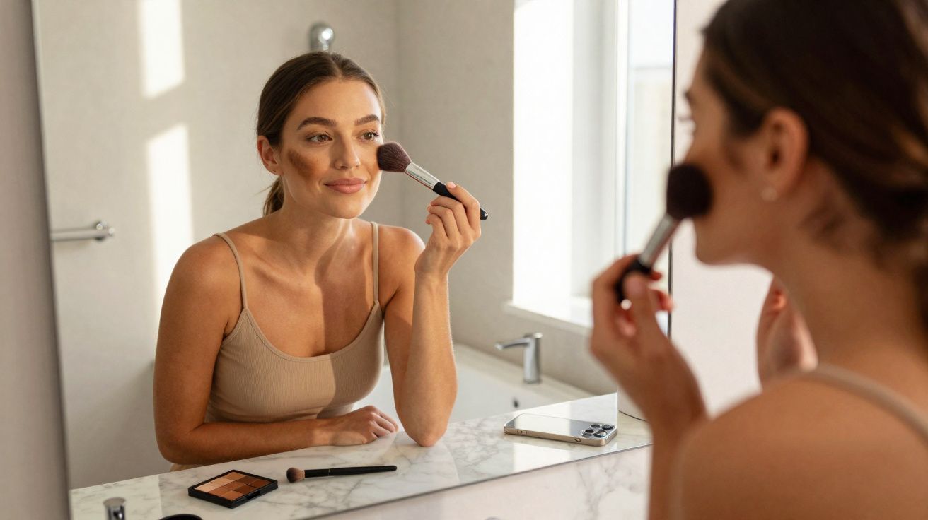 Mulher aplicando blush com pincel em frente ao espelho no banheiro, com maquiagem e celular na bancada.