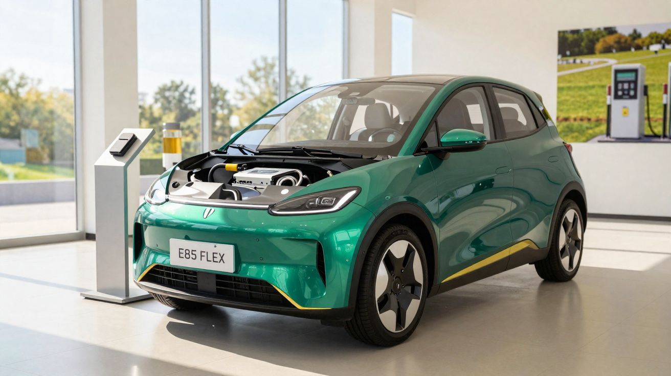 Carro compacto verde com capô aberto exibindo motor em exposição interna iluminada.
