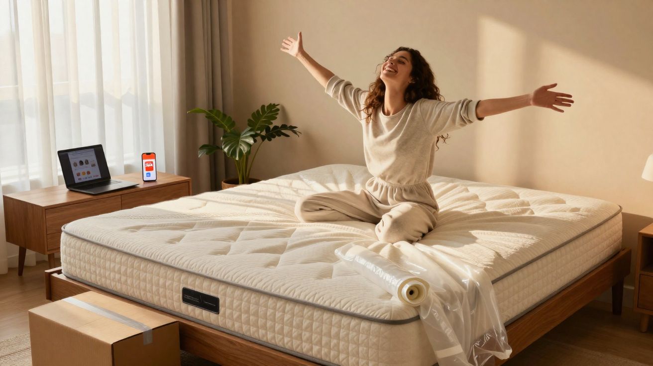 Mulher sorridente sentada de pernas cruzadas em colchão novo em quarto iluminado por luz natural.