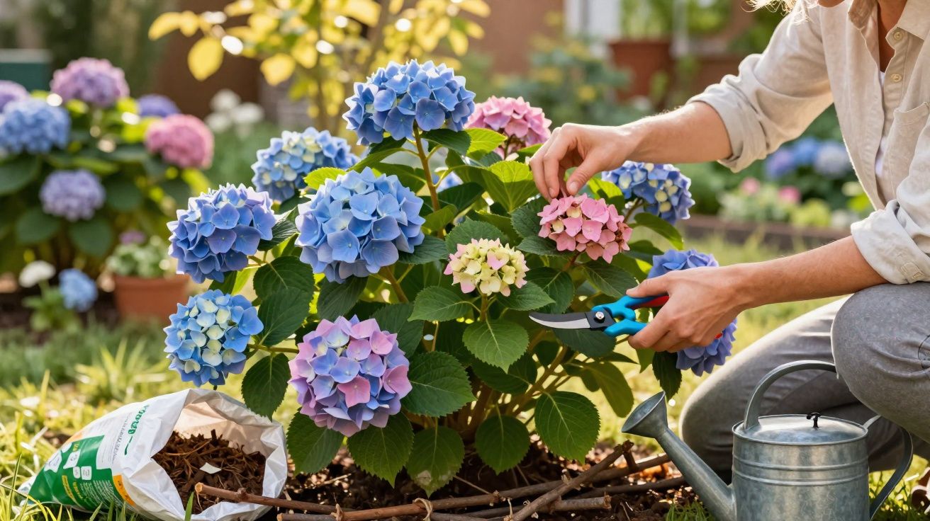 Pessoa cuidando de flores de hortênsia coloridas em jardim, com regador e terra ao lado.